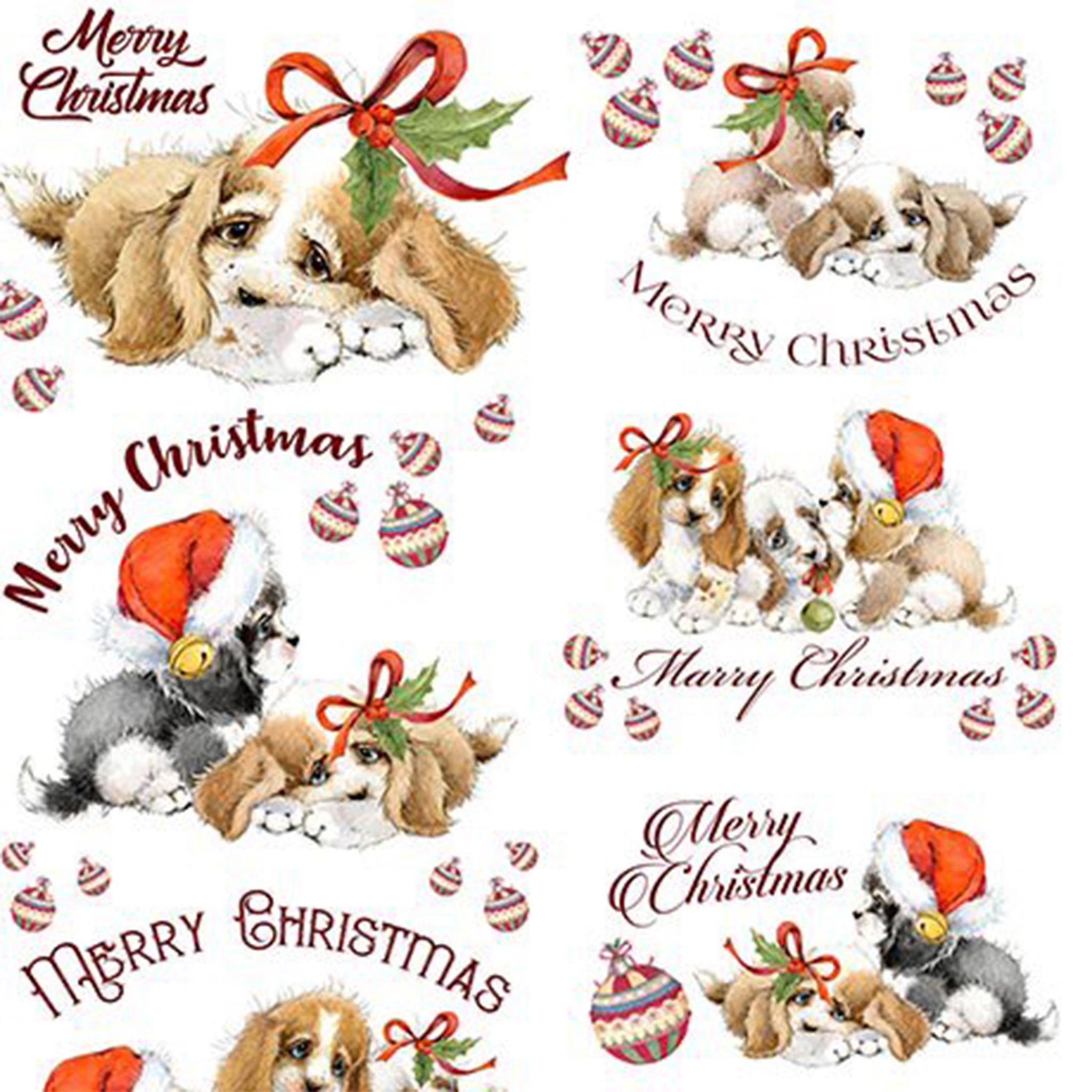Close-up of a rice paper featuring 8 designs of adorable puppies wearing bows and Santa hats, surrounded by cheerful "Merry Christmas" messages.
