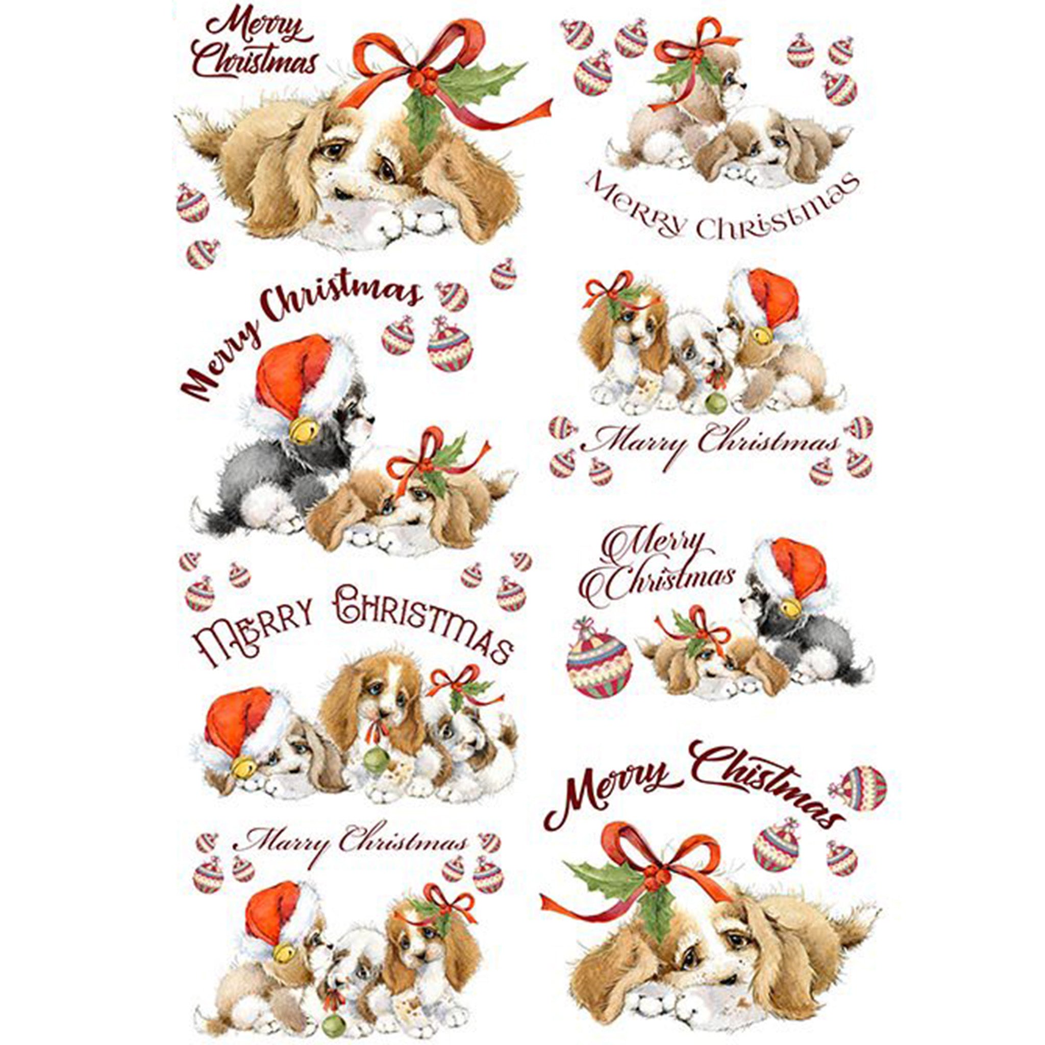 Rice paper featuring 8 designs of adorable puppies wearing bows and Santa hats, surrounded by cheerful "Merry Christmas" messages.