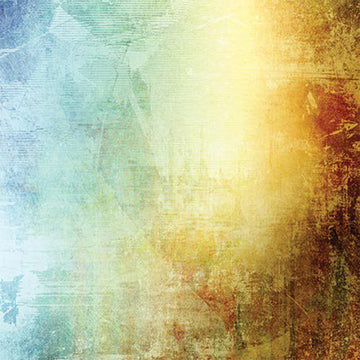 Close-up of a rice paper featuring a vibrant ombre design in shades of blue, green, yellow, and brown with a distressed texture.