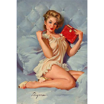 Rice paper design featuring a bold lady in her nightgown with her crimson journal settled in a snug bed. White borders are on the sides.