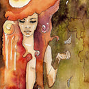 Close-up of a rice paper featuring a red-haired woman against an olive backdrop with falling feathers.