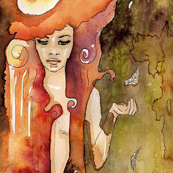 Close-up of a rice paper featuring a red-haired woman against an olive backdrop with falling feathers.