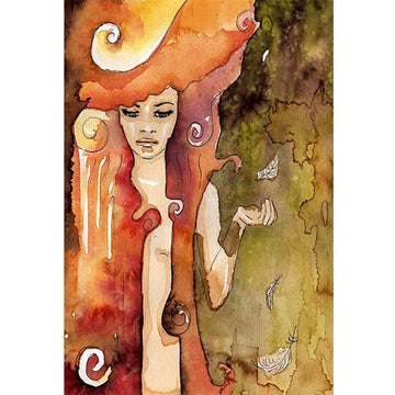 Rice paper featuring a red-haired woman against an olive backdrop with falling feathers.