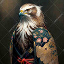 Eagle wearing a traditional robe with floral patterns on a dark background