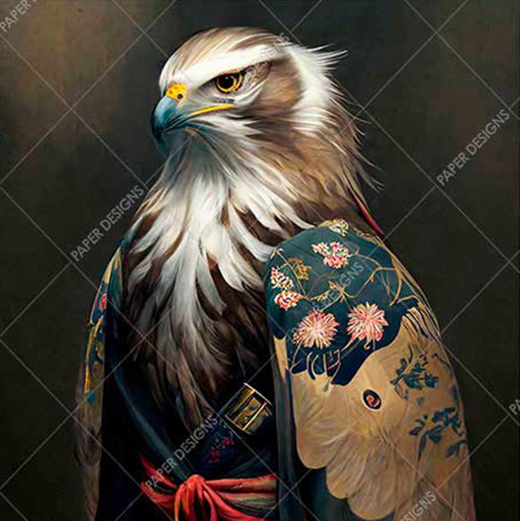Eagle wearing a traditional robe with floral patterns on a dark background