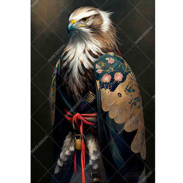 Eagle with ornate robe and floral patterns on a dark background