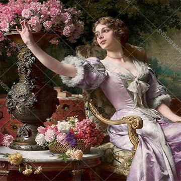 Close-up of a rice paper featuring a sitting woman in a gorgeous purple dress, reaching for a bundle of pink flowers from a large vase on a side table.