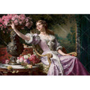 Rice paper featuring a sitting woman in a gorgeous purple dress, reaching for a bundle of pink flowers from a large vase on a side table.