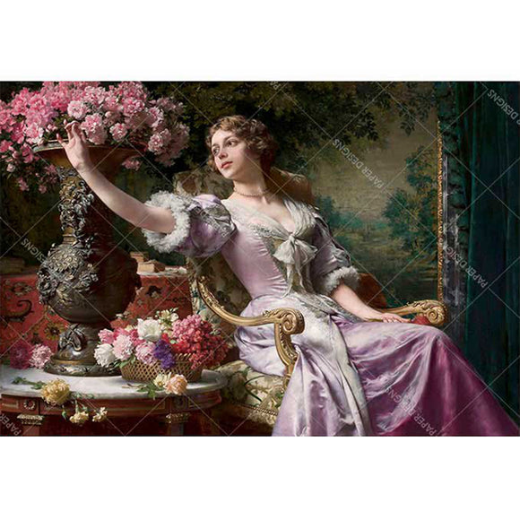 Rice paper featuring a sitting woman in a gorgeous purple dress, reaching for a bundle of pink flowers from a large vase on a side table.