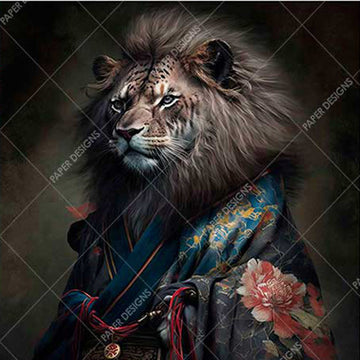 Lion wearing a traditional robe with floral patterns on a dark background.