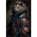 Lion wearing a floral robe with a dark background