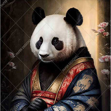 Panda bear wearing traditional Chinese clothing with floral background