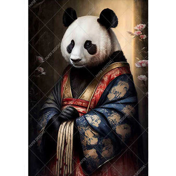 Panda bear wearing a traditional robe with floral background.