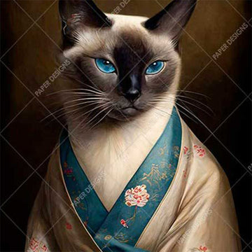 Close-up of a rice paper featuring a stunning Siamese cat donning a kimono against a warm, brown background. 