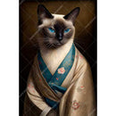 Rice paper featuring a stunning Siamese cat donning a kimono against a warm, brown background. 