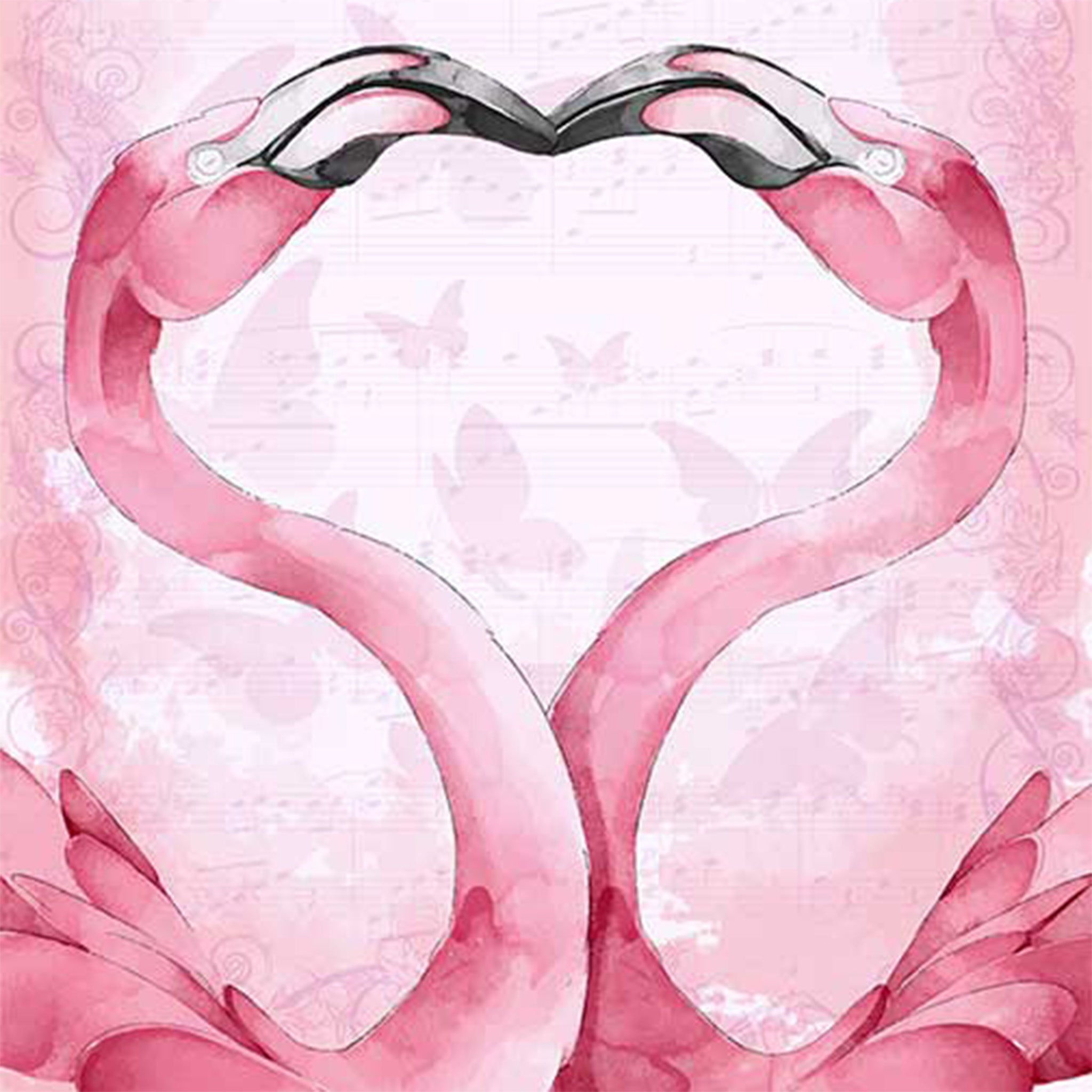 Close-up of a rice paper featuring a playful, heart-shaped design of two flamingos beak to beak against a soft pink backdrop with fluttering butterflies. 