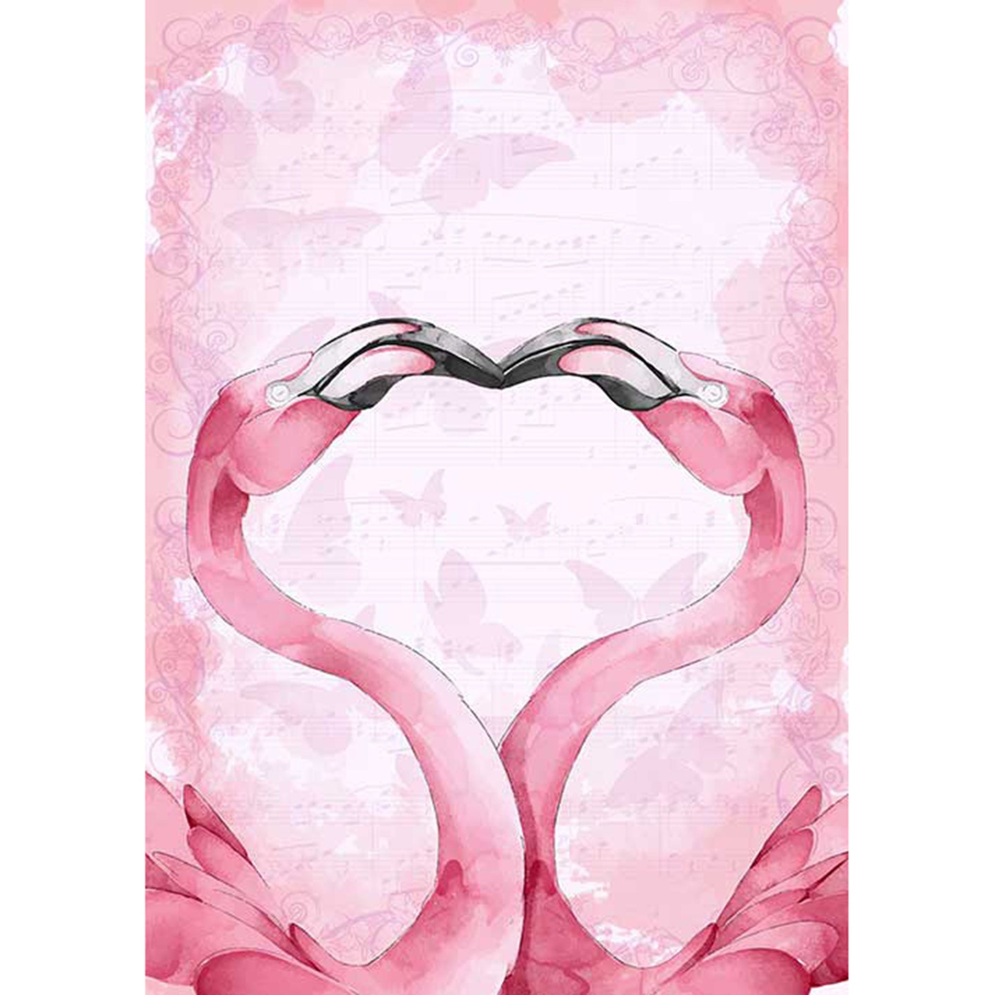 Rice paper featuring a playful, heart-shaped design of two flamingos beak to beak against a soft pink backdrop with fluttering butterflies. White borders are on the sides.