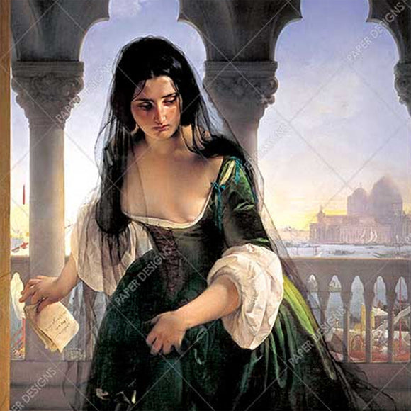 Close-up of a rice paper featuring a stunning woman in a deep green Renaissance dress on a castle patio with a cityscape in the background.