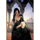 Rice paper featuring a stunning woman in a deep green Renaissance dress on a castle patio with a cityscape in the background.
