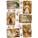 Rice paper featuring 6 portraits of charming photographs of elegant ladies from bygone eras, beautifully framed with single delicate pink roses.