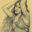 Close-up of a rice paper featuring a vintage yellowed sketch of a sketch of a woman in a sheer dress with her arms on her head.