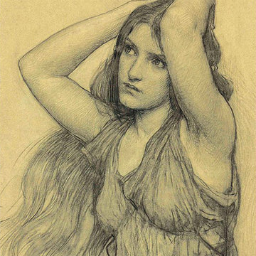 Close-up of a rice paper featuring a vintage yellowed sketch of a sketch of a woman in a sheer dress with her arms on her head.