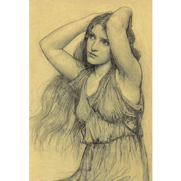 Rice paper featuring a vintage yellowed sketch of a sketch of a woman in a sheer dress with her arms on her head.