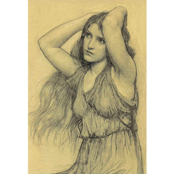 Rice paper featuring a vintage yellowed sketch of a sketch of a woman in a sheer dress with her arms on her head.