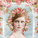 Close-up of a rice paper featuring 5 varying sizes of an adorable little Victorian girl wearing a crown of pink roses, standing beneath a magical archway of blooming roses against a dreamy pale blue background.