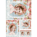 Rice paper featuring 5 varying sizes of an adorable little Victorian girl wearing a crown of pink roses, standing beneath a magical archway of blooming roses against a dreamy pale blue background.