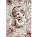 Full sheet of 'Rosewood Angel' decoupage paper from Paper Designs Italy, depicting a sweet child angel with wavy hair and white wings, set against a faded floral background with rose blooms and soft sepia tones for a romantic, antique look.