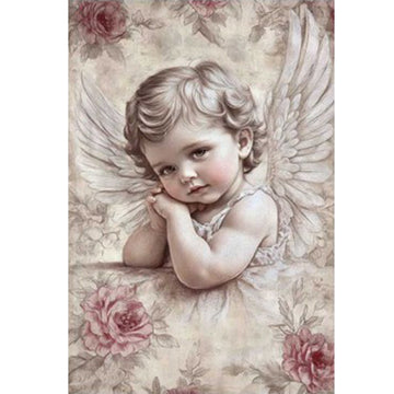 Full sheet of 'Rosewood Angel' decoupage paper from Paper Designs Italy, depicting a sweet child angel with wavy hair and white wings, set against a faded floral background with rose blooms and soft sepia tones for a romantic, antique look.