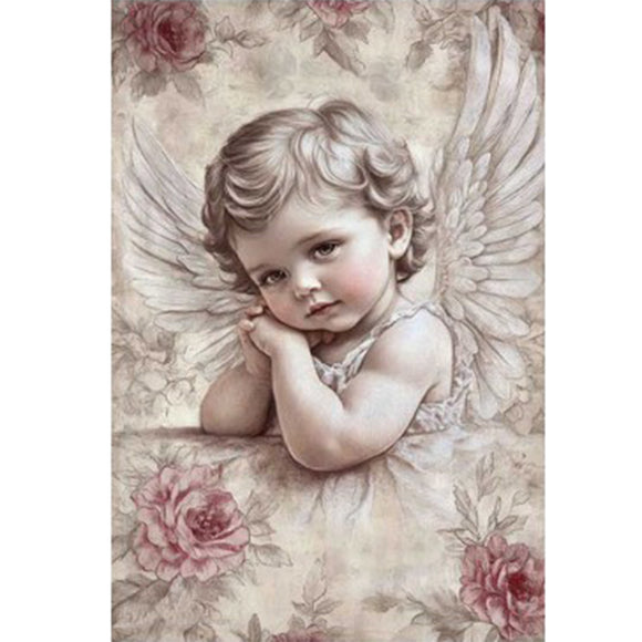 Full sheet of 'Rosewood Angel' decoupage paper from Paper Designs Italy, depicting a sweet child angel with wavy hair and white wings, set against a faded floral background with rose blooms and soft sepia tones for a romantic, antique look.