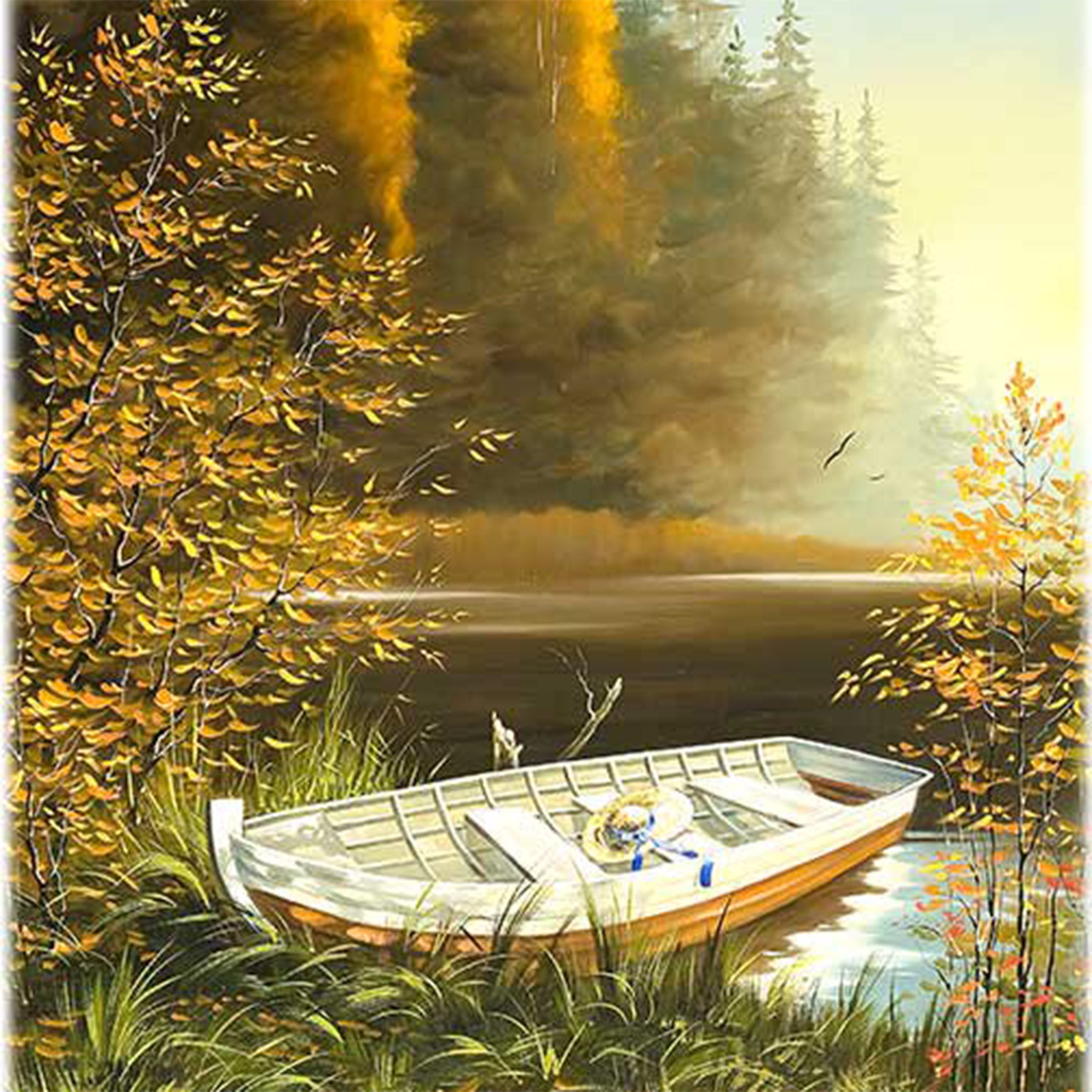 Close-up of a rice paper featuring a serene scene of a white boat by a tranquil lake with a misty forest in the background.