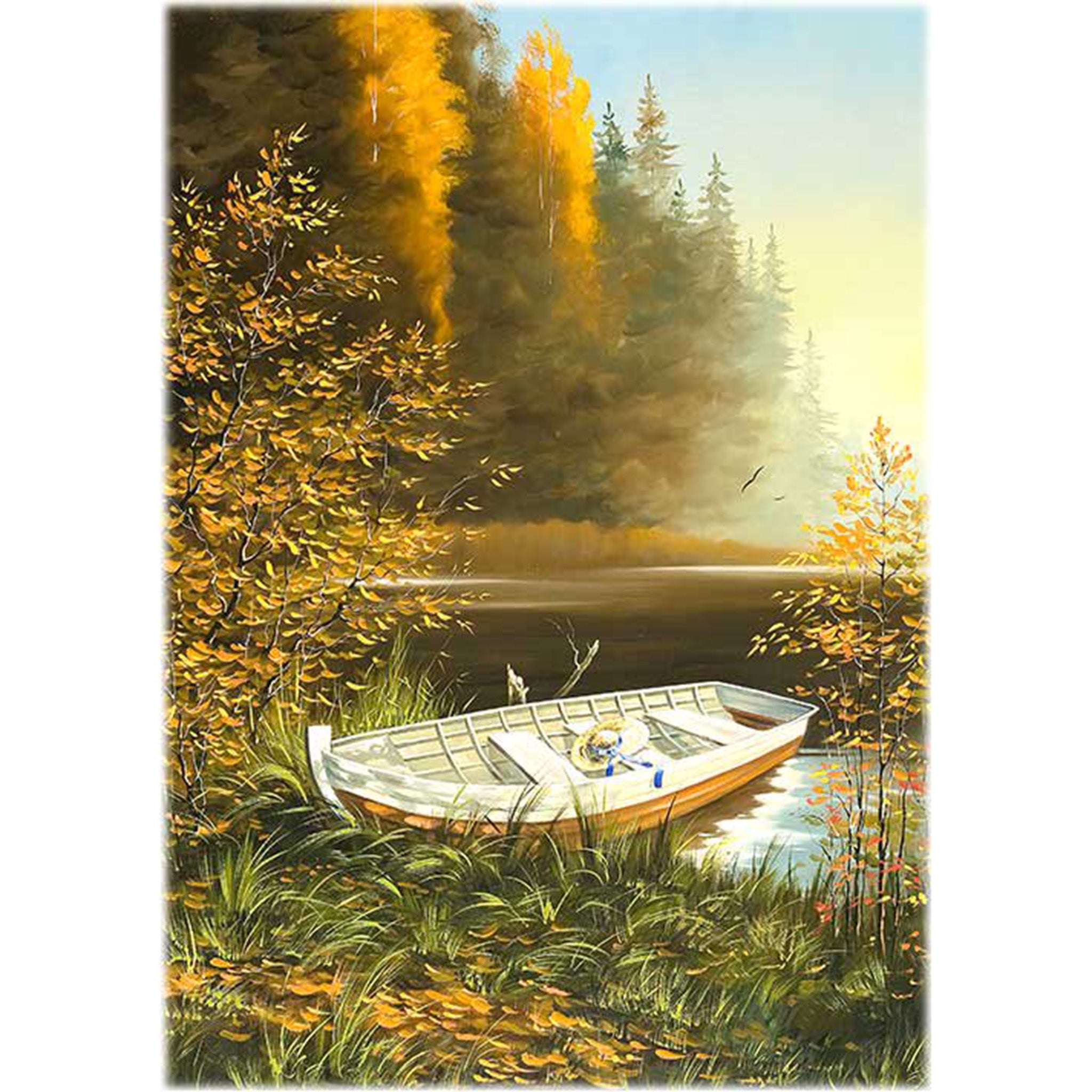 Rice paper featuring a serene scene of a white boat by a tranquil lake with a misty forest in the background.