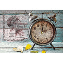 Rice paper featuring a faded barnwood design with a vintage metal clock and dried leaves.