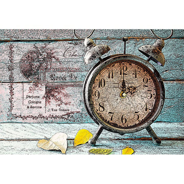 Rice paper featuring a faded barnwood design with a vintage metal clock and dried leaves.