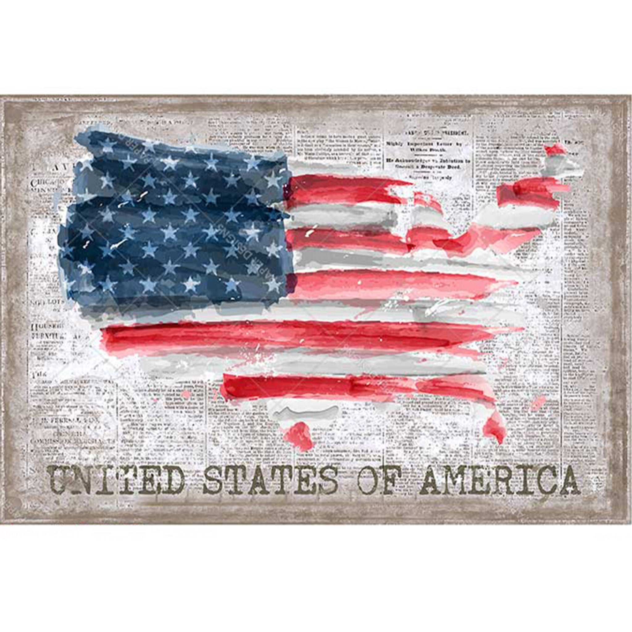 Rice paper design that features a painting of the American flag in the shape of the United States over vintage print. White borders are on the top and bottom.