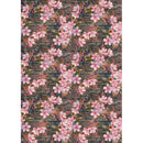 Rice paper design featuring a beautiful pink cherry blossom pattern against a dark script background. White borders are on the sides.