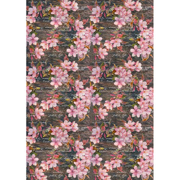 Rice paper design featuring a beautiful pink cherry blossom pattern against a dark script background. White borders are on the sides.