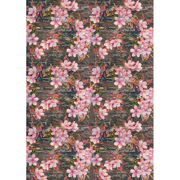 Rice paper design featuring a beautiful pink cherry blossom pattern against a dark script background. White borders are on the sides.