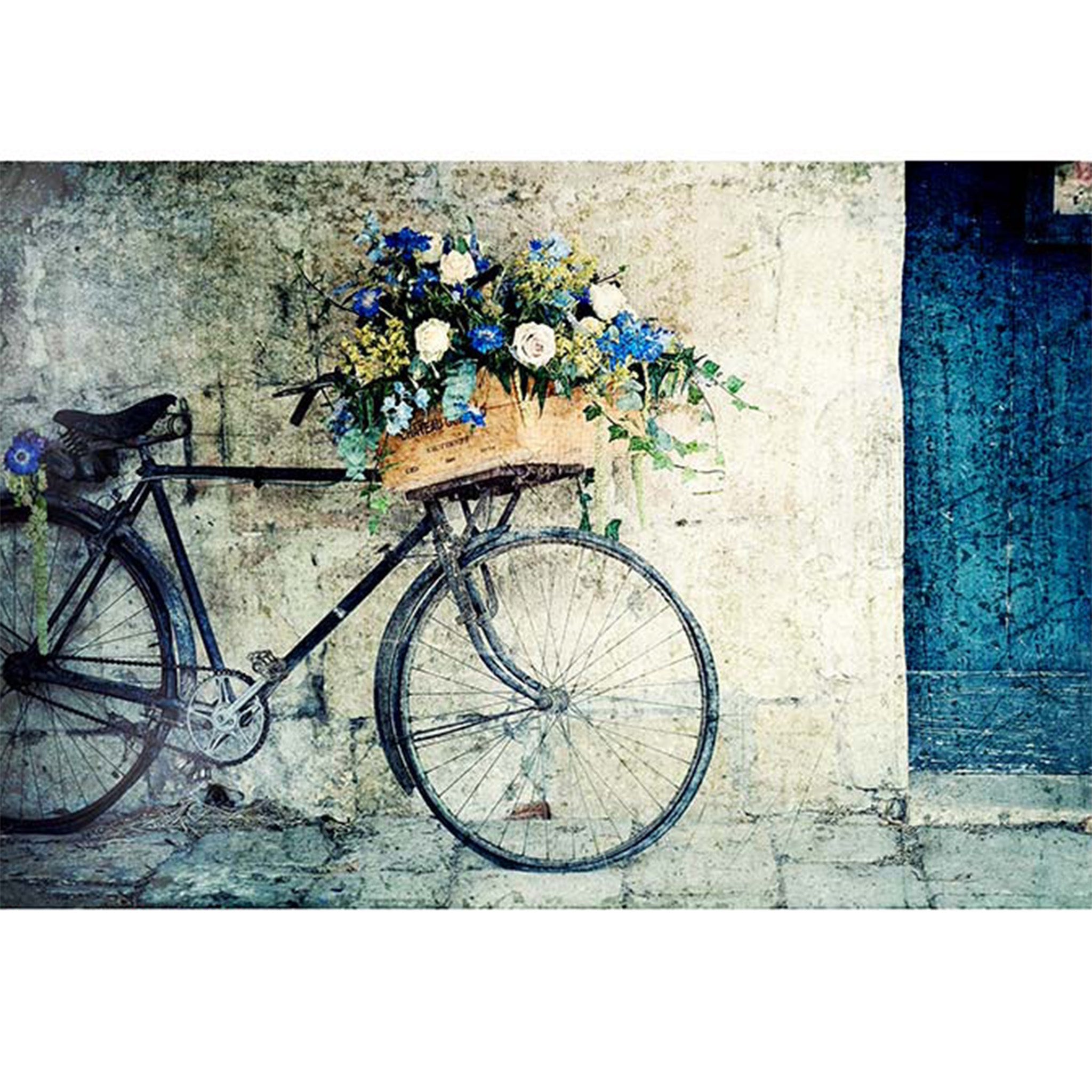 Rice paper design that features a vintage bicycle adorned with a basket of beautiful blue and white roses. White borders are on the top and bottom.