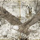 Illustration of an eagle flying against a textured background with text and decorative elements.