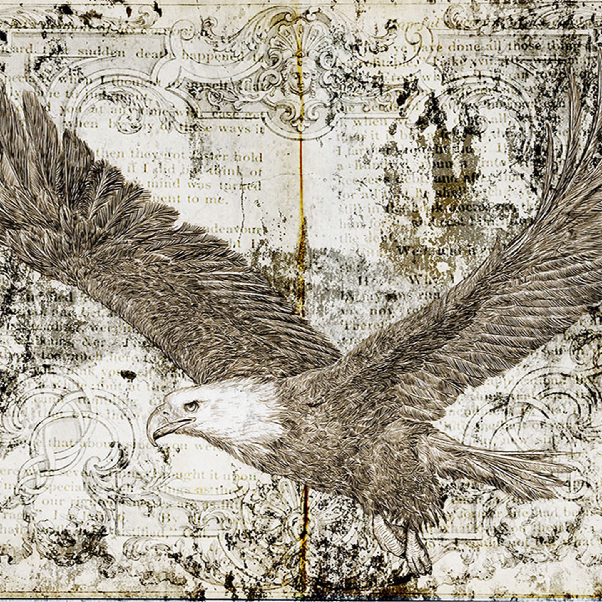 Close-up of a rice paper design that features a majestic bald eagle flying over a weathered stone background with book print.