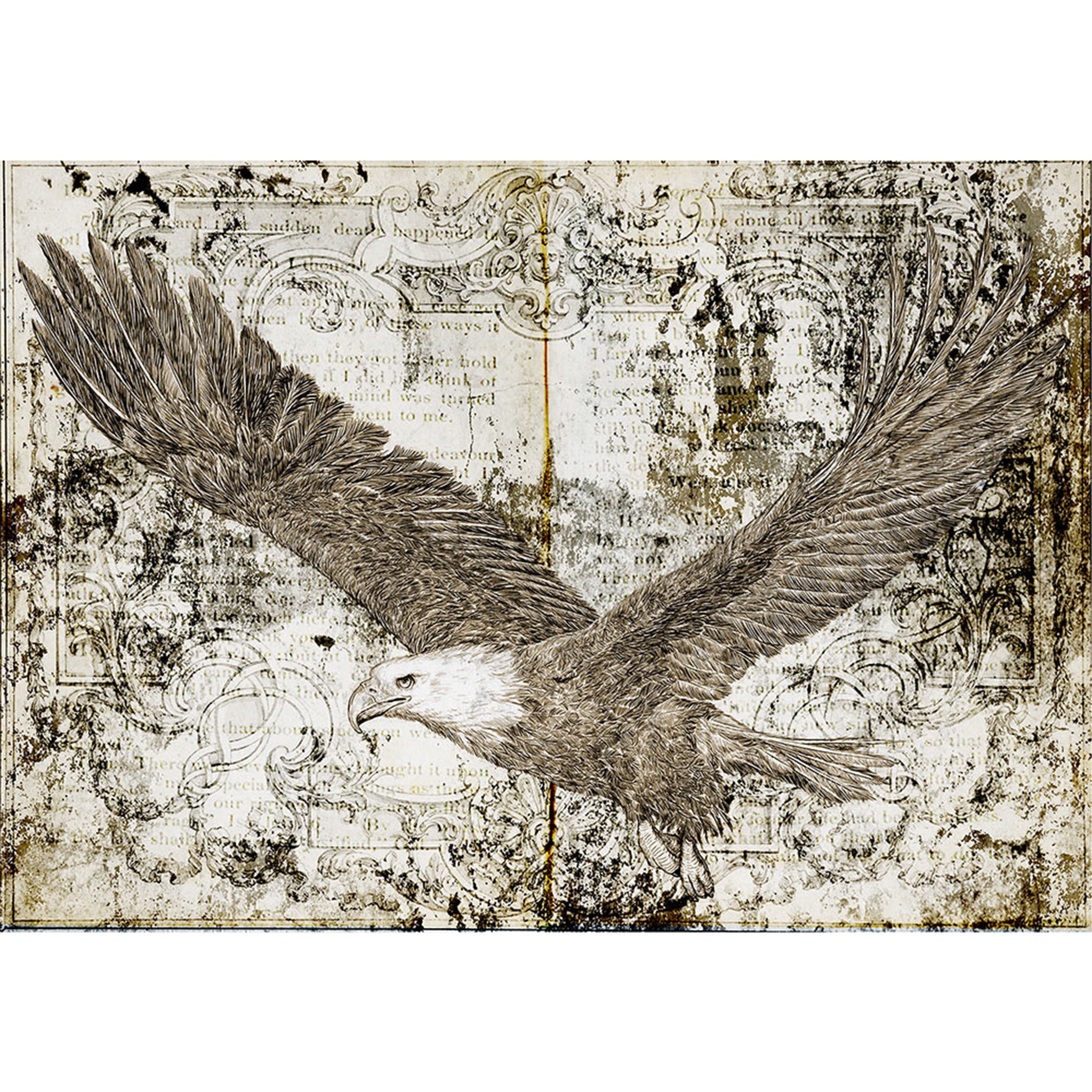 Rice paper design that features a majestic bald eagle flying over a weathered stone background with book print. White borders are on the top and bottom.