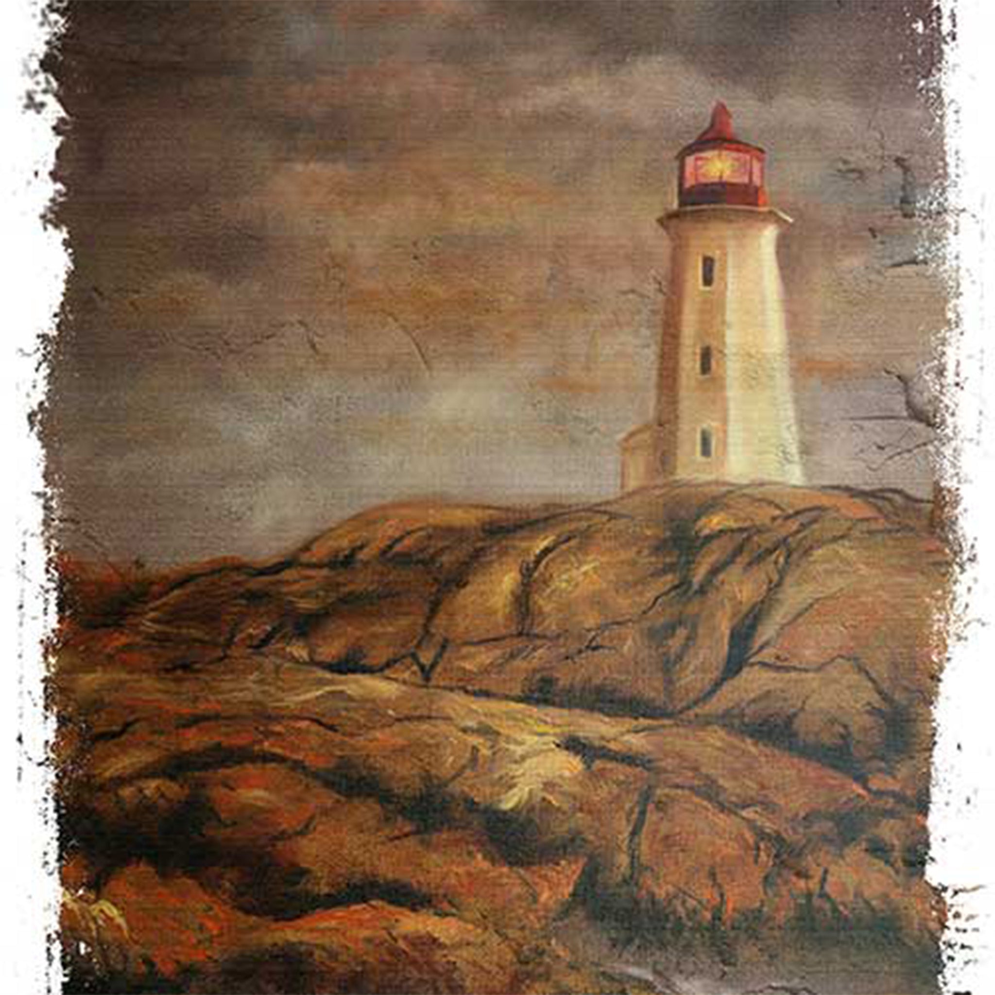 Close-up of a rice paper design against a white background features a striking rustic lighthouse on a cliff against a stormy sky.