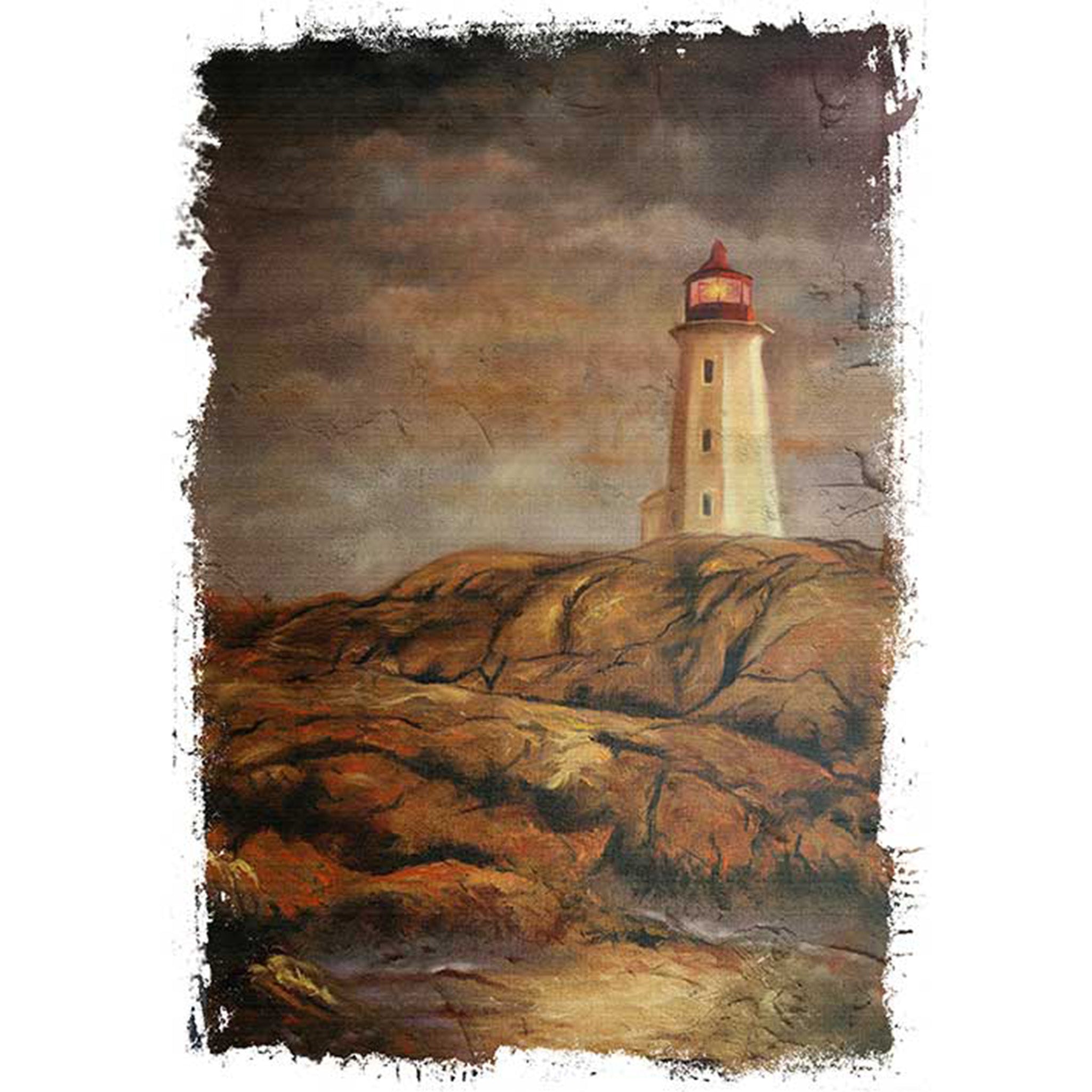 Rice paper design against a white background features a striking rustic lighthouse on a cliff against a stormy sky.