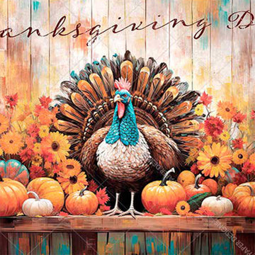 Close-up of a rice paper featuring a charming turkey centerpiece surrounded by fall flowers and pumpkins on a wood board against a rustic wood panel backdrop that says Thanksgiving Day.