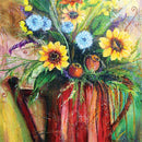 Close-up of a rice paper featuring a painting of cheerful yellow and blue flowers bursting from a bright red watering can.