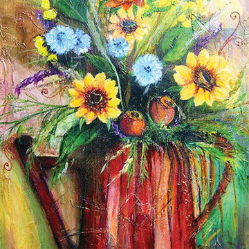 Close-up of a rice paper featuring a painting of cheerful yellow and blue flowers bursting from a bright red watering can.